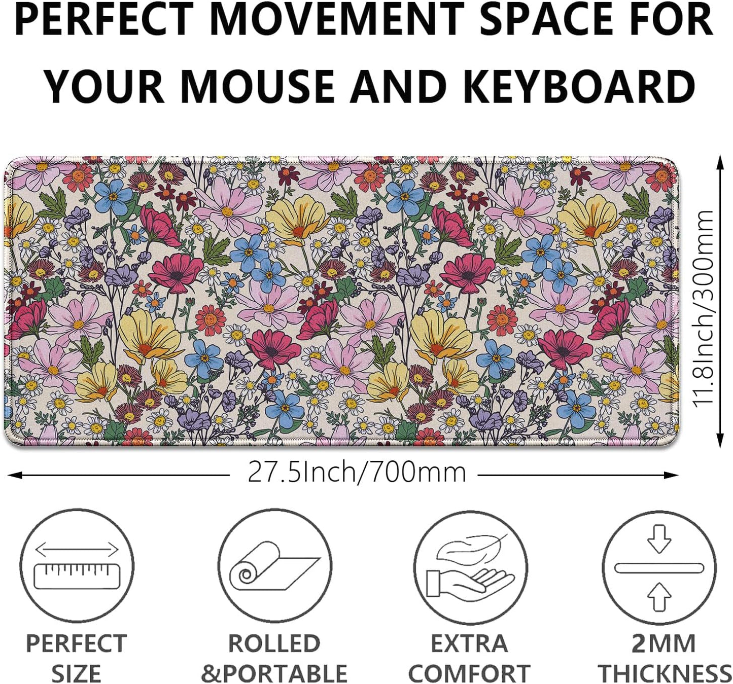 Colorful Flowers Mouse Pad,Large Floral Mousepad Desk Pad with Stitched Edges,Non-Slip Waterproof Rubber Base Mouse Mat for Office Computer Keyboard Laptop Home(27.5x11.8 in)