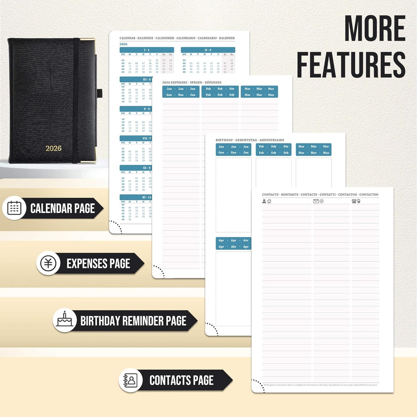 Daily Planner 2026 with One Page Per Day,(A5-8.5" x 5.9"),12 Months Calendar Hourly Appointment Book Monthly Tabs&Self-adhesive Pen Holder,Inner Pocket,Durable Vegan Leather Hardback,Black