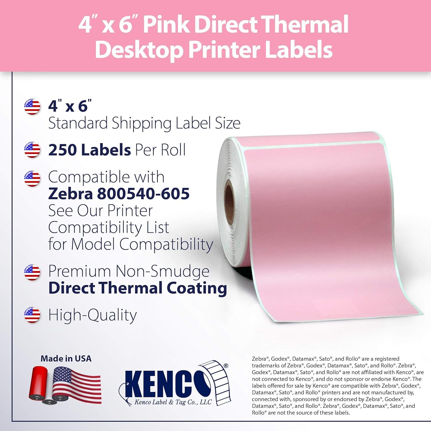 4" X 6" Direct Thermal Perforated Stickers Labels for Shipping Labels, Inventory, and Color Coding - Compatible with Zebra, Rollo, Godex and More (Pink, 1 Roll)
