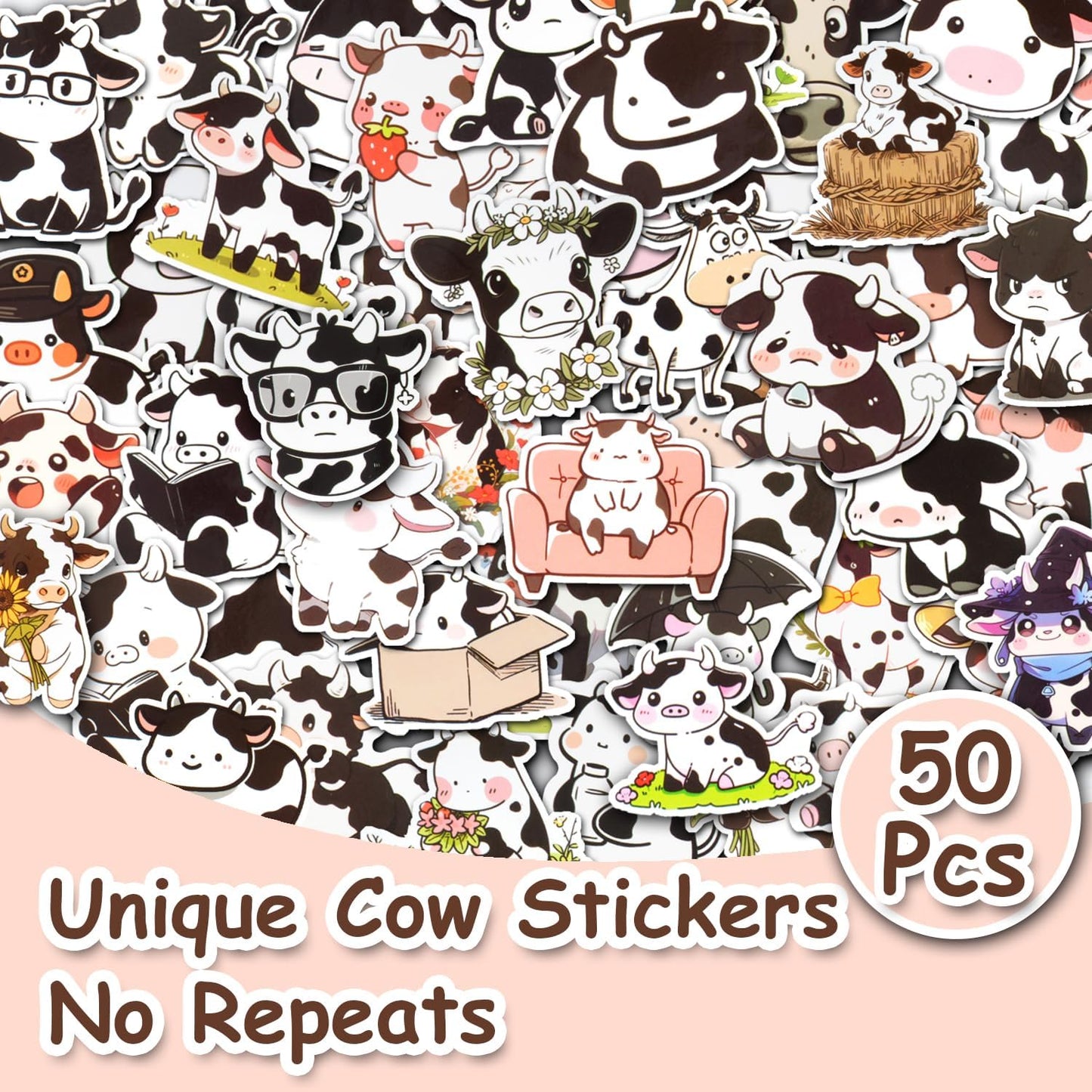 Aowplc 50 PCS Cow Stickers - Cute Cow Stuff & Gifts - Waterproof Vinyl Decals for Water Bottles, Laptop