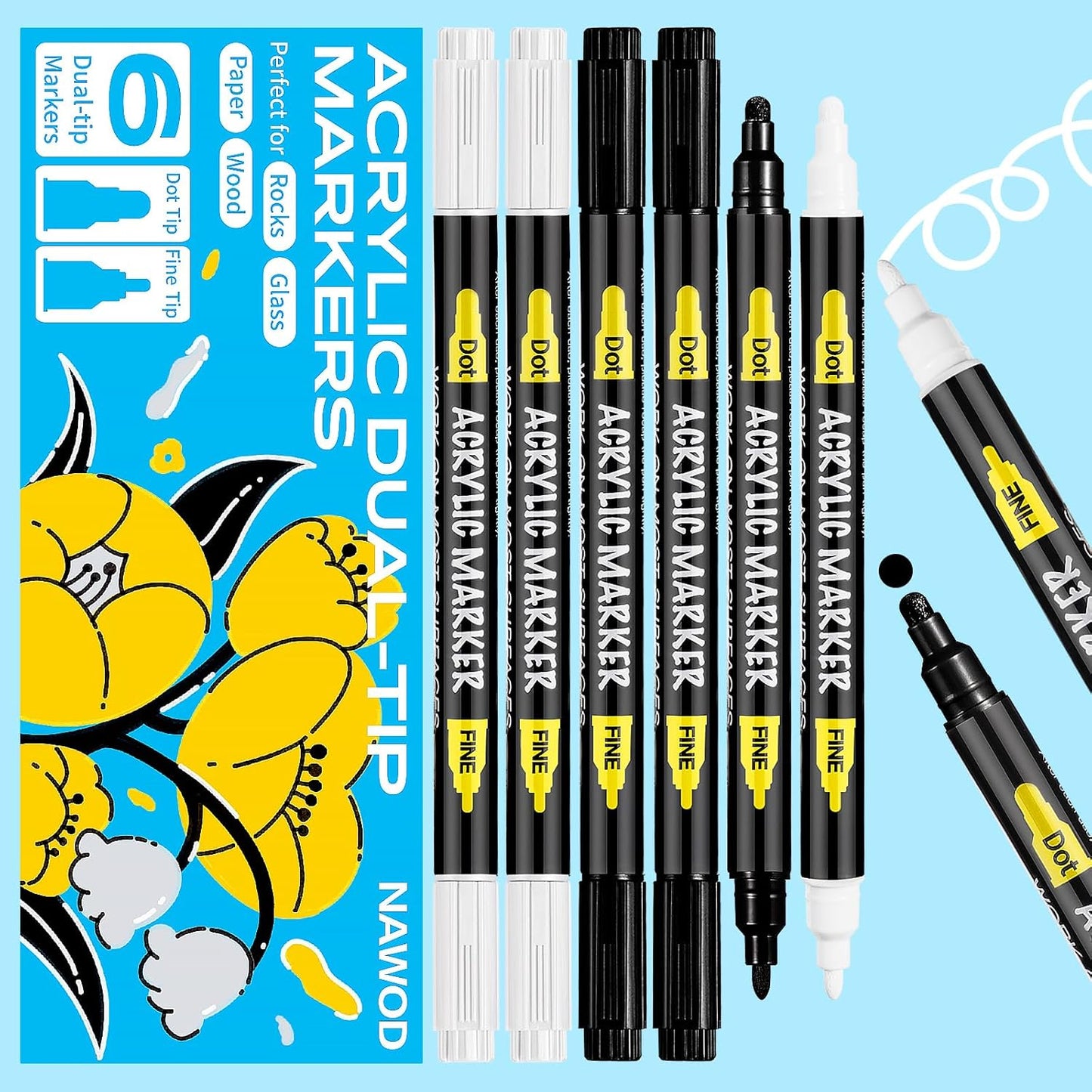 6 White and Black Acrylic Paint Pens Markers, Dual Tip (Fine 1mm + Dot 5mm), Acrylic Permanent Marker for Rock Painting Fabric Canvas Glass Wood Leather Ceramic Paper DIY, Ideal for Kids and Adults
