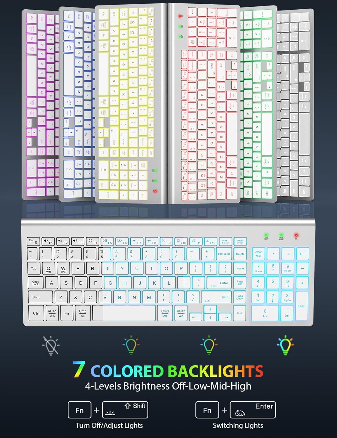 SABLUTE Wireless Keyboard and Mouse Combo Backlit - Compact Quiet Keyboard with RGB Mouse, Rechargeable, Slim, Sleep Mode, Portable Cordless Set for Mac, Windows, Laptop, PC (Silver White)