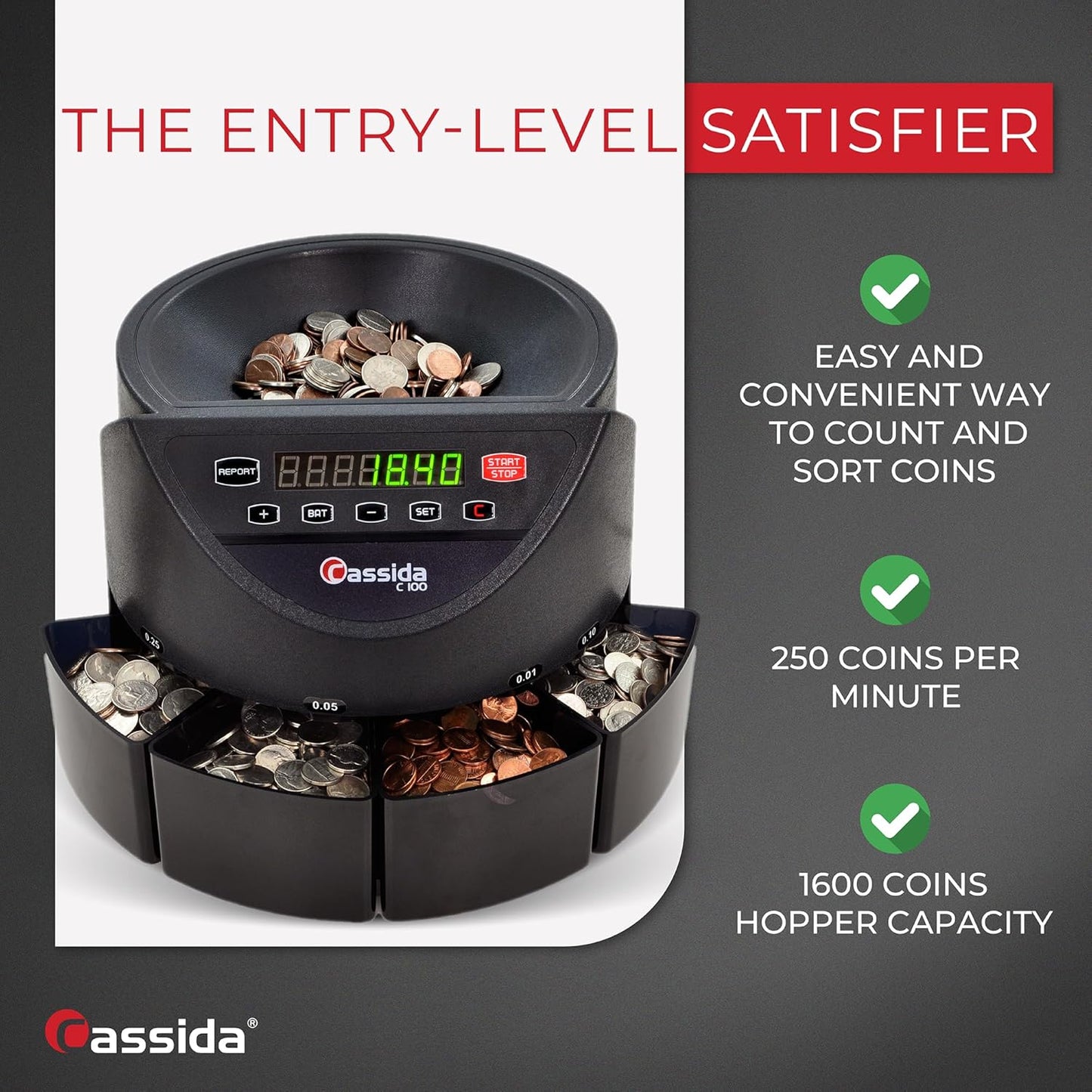 Cassida C100 Electronic Coin Sorter/Counter, Countable coins 1¢, 5¢, 10¢, 25¢, 250 coins/min, 110 VAC
