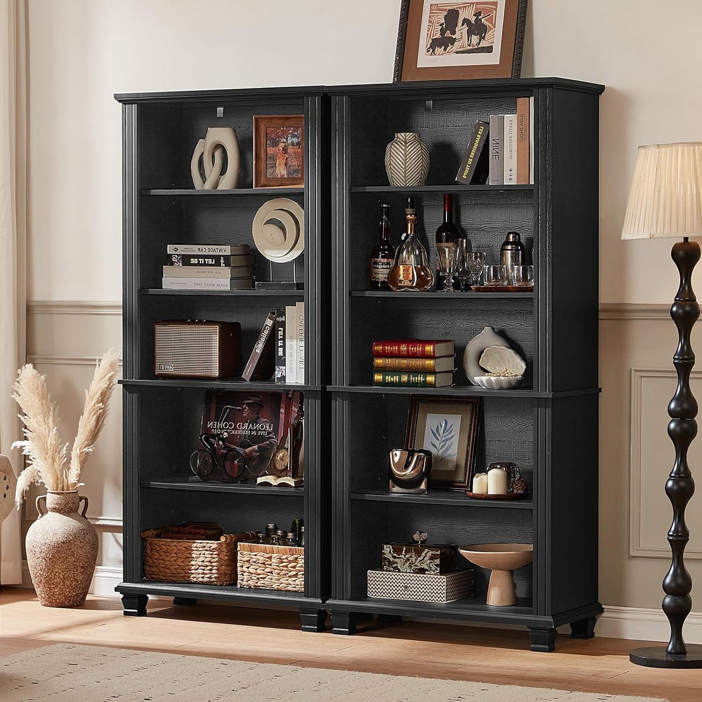 70" Tall Black Bookshelf,5 Tier Wooden Book Shelf with Adjustable Shelves & Wood Legs,Free Standing Farmhouse Bookcase with Open Display Storage,Vintage Bookshelves for Living Room,Office