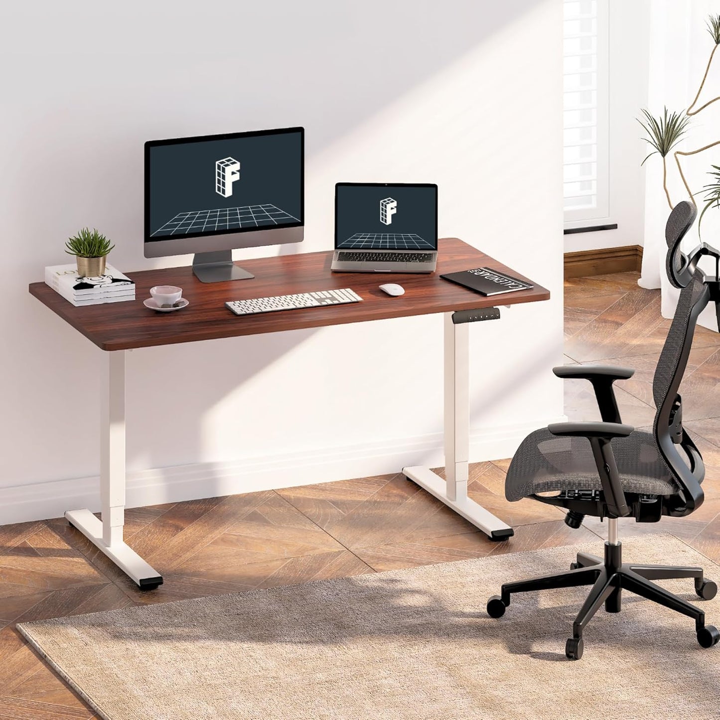 FLEXISPOT E6 Essential Standing Desk 3 Stages Dual Motor Electric 60x24 Inch Whole-Piece Board Height Adjustable Electric Sit Stand Desk(White Frame + Mahogany Desktop, 2 Packages)