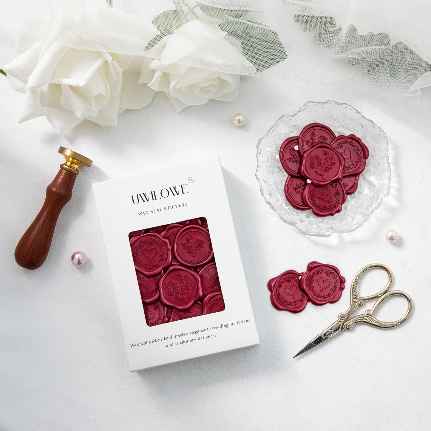 60 Pcs Burgundy Wax Seal Stickers Self-Adhesive Envelope Seals Stamp Stickers, Perfect for Wedding Invitations Seating Chart Christmas Gift Wrapping 3 Designs in 1 Pack