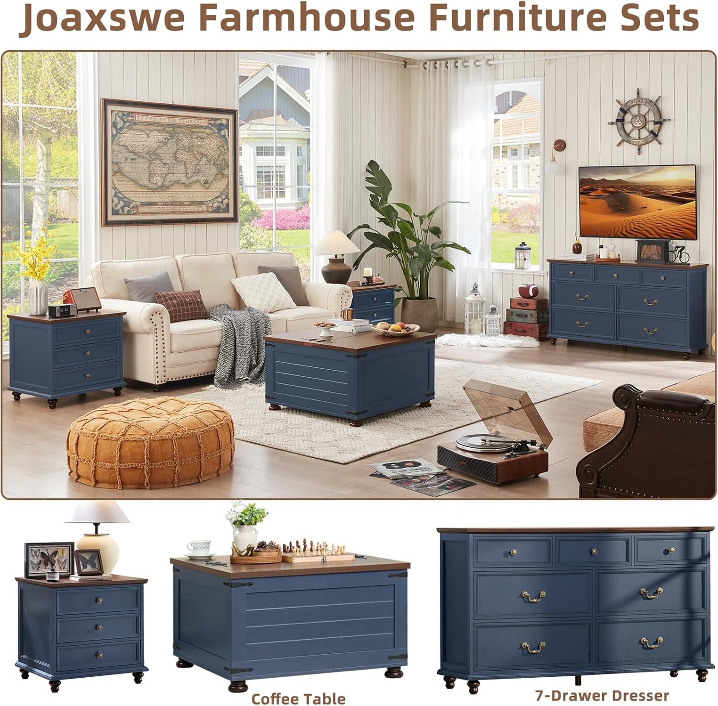 24" Wide Farmhouse Night Stand,Large End Table with 3 Drawers & Metal Handle,Blue Wood Dresser for Bedroom Cabinet, Bed Side Tabl·e Chest of Drawers,Nightstand for Living Room,Close