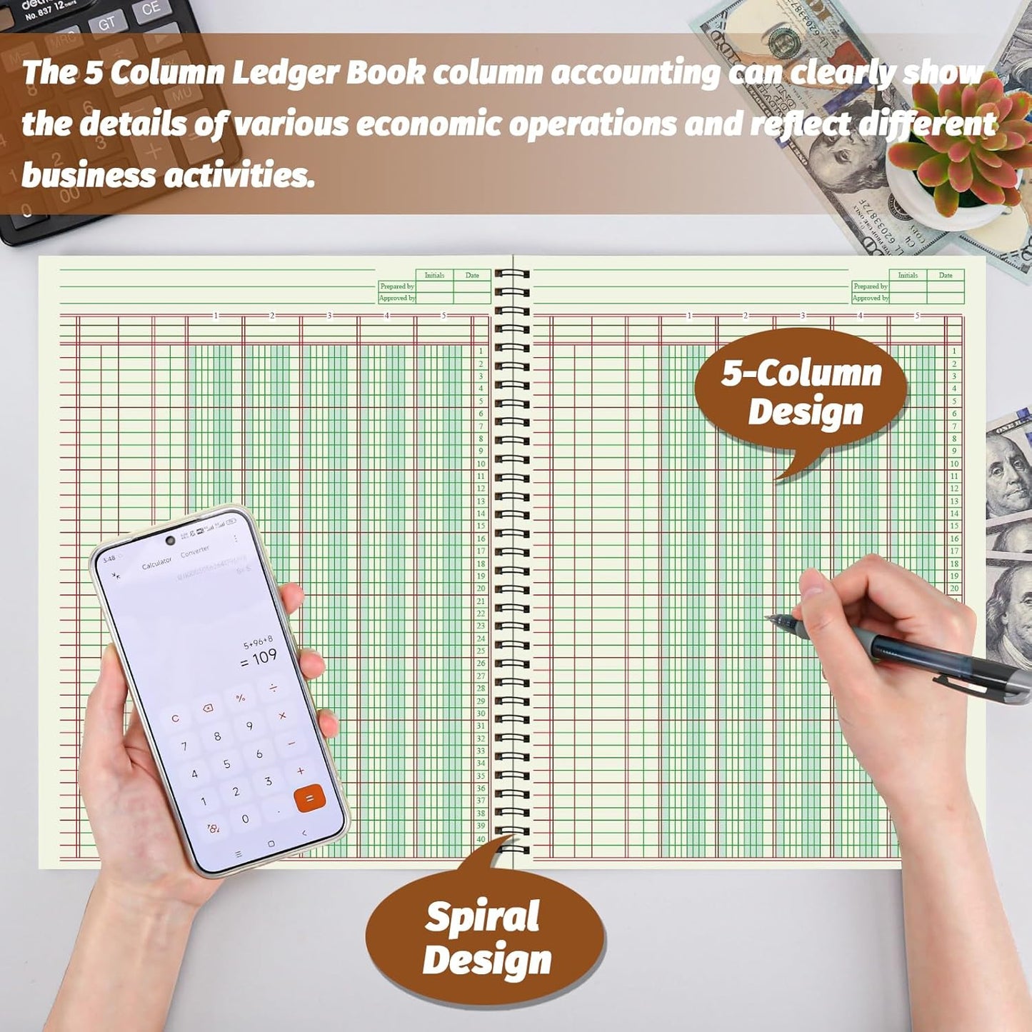 2 PCS 5 Column Ledger Book Accounting Ledger Paper Analysis Pad Financial Accounting Ledger 5 Column 8.5 * 11 Inches Log Book 5 Column 100 Pages for Bookkeeping Personal Use and Small Business