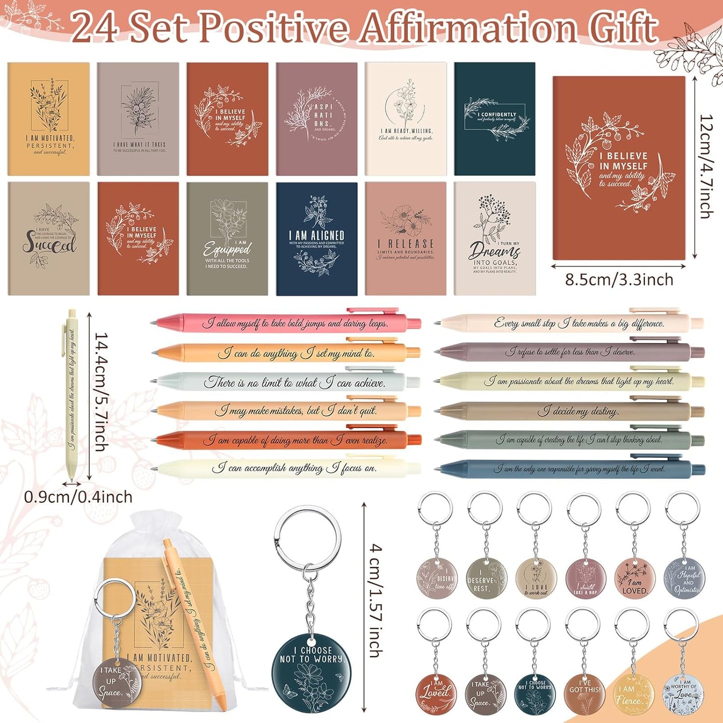 72 Pcs/24 Set Positive Affirmation Gift Set Gratitude Notebooks with Affirmation Pens Acrylic Keychains Small Bags Motivational Notepads for Women Coworkers Adults Party Favors (Vibrant)