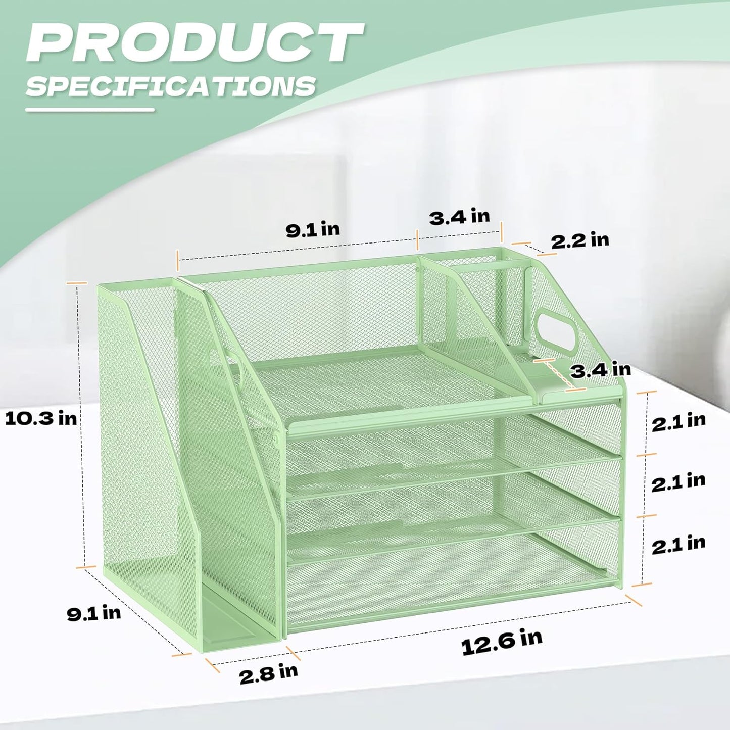 DocNest 4 Tier Paper Letter Tray File Organizer, Mesh Desk File with Handle, Workspace Desk Organizers with Pen Holder, Office Organization Storage Accessories - Green
