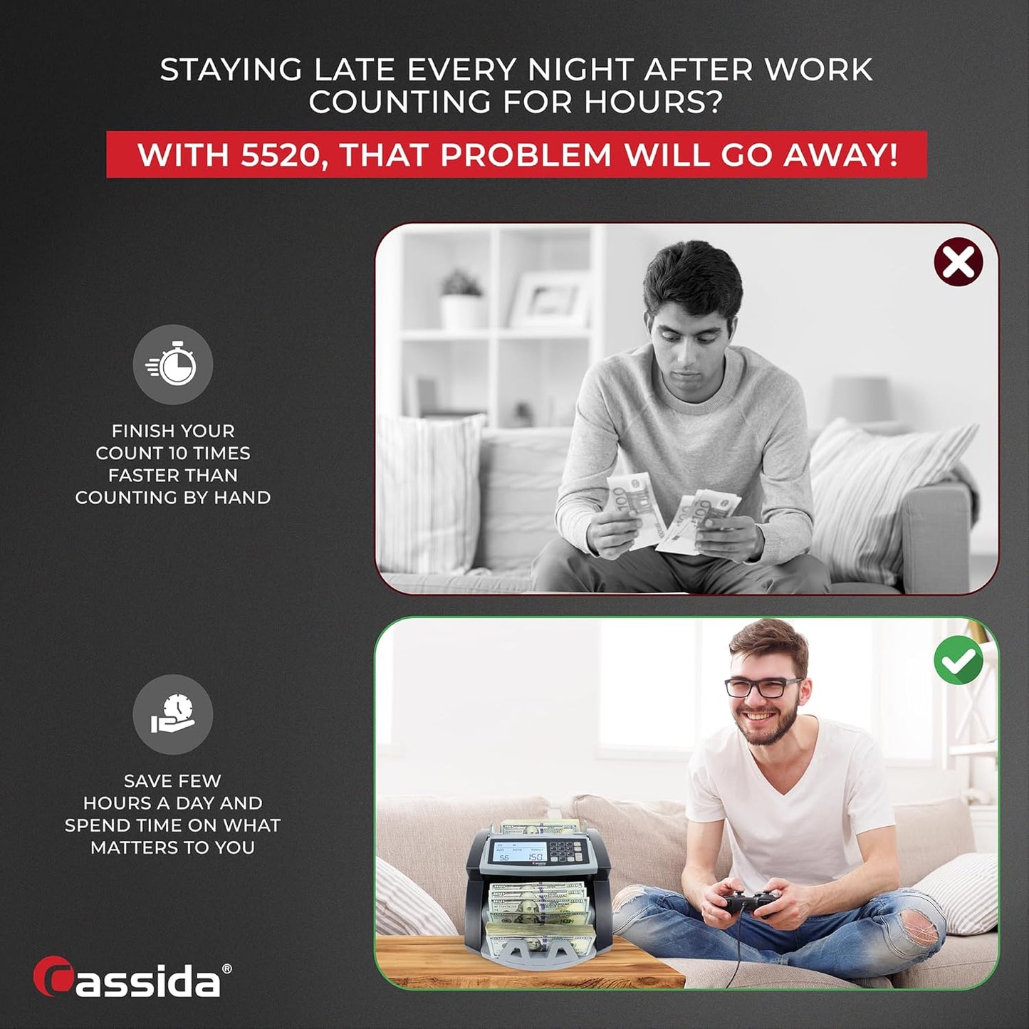 Cassida 5520 UV/MG - USA Money Counter with ValuCount, UV/MG/IR Counterfeit Detection, Add and Batch Modes - Large LCD Display & Fast Counting Speed 1,300 Notes/Minute