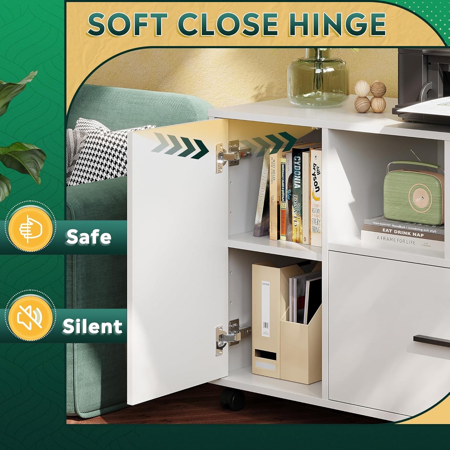 DEVAISE Office File Cabinet with Lock, 1-Drawer Wood Lateral Filing Cabinet on Wheels, Printer Stand with Open Storage Shelves for Home Office, White