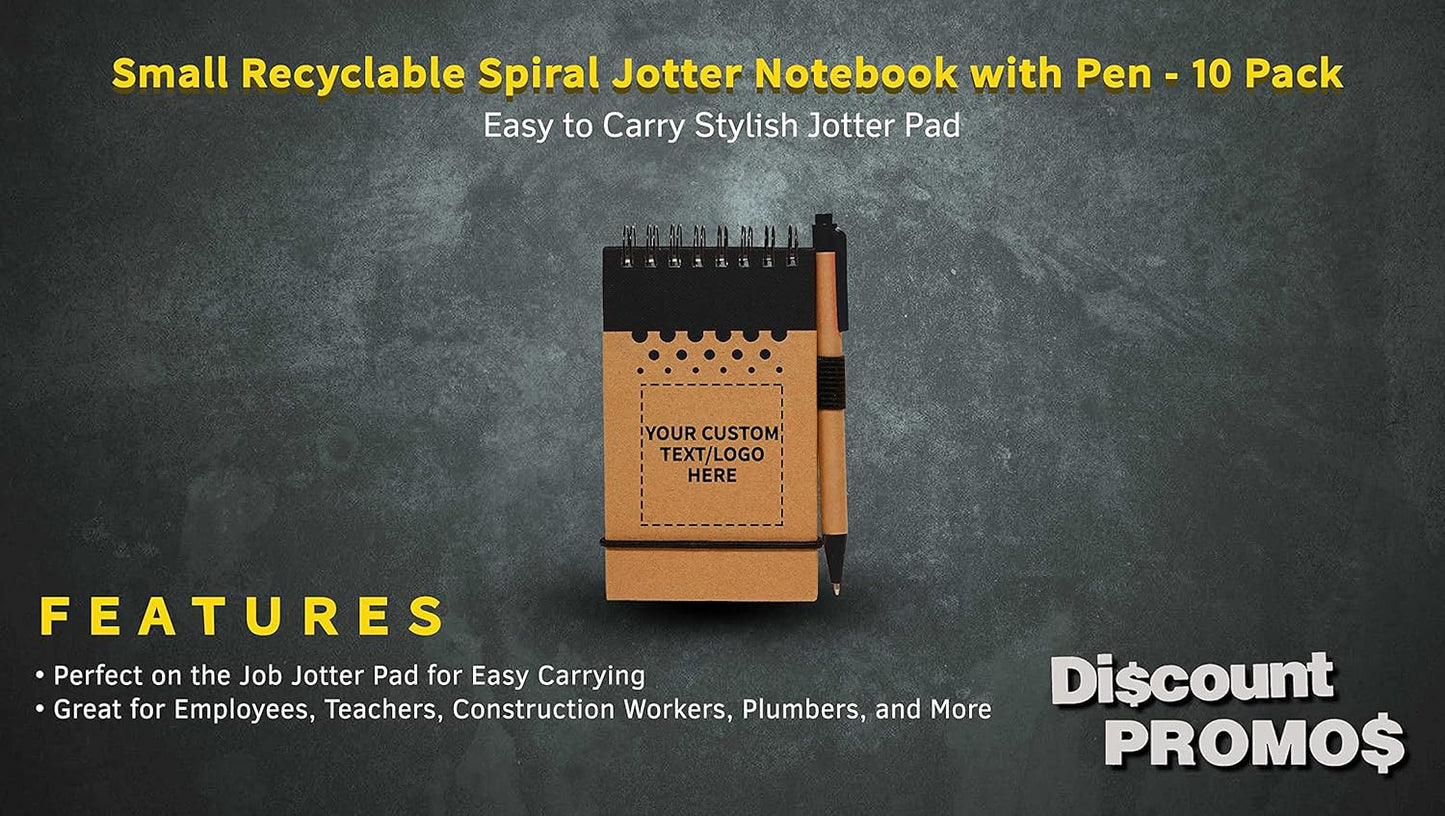 DISCOUNT PROMOS 10 Recyclable Spiral Small Notebooks Pack - Customizable Text, Logo - 60 Lined Pages - Black