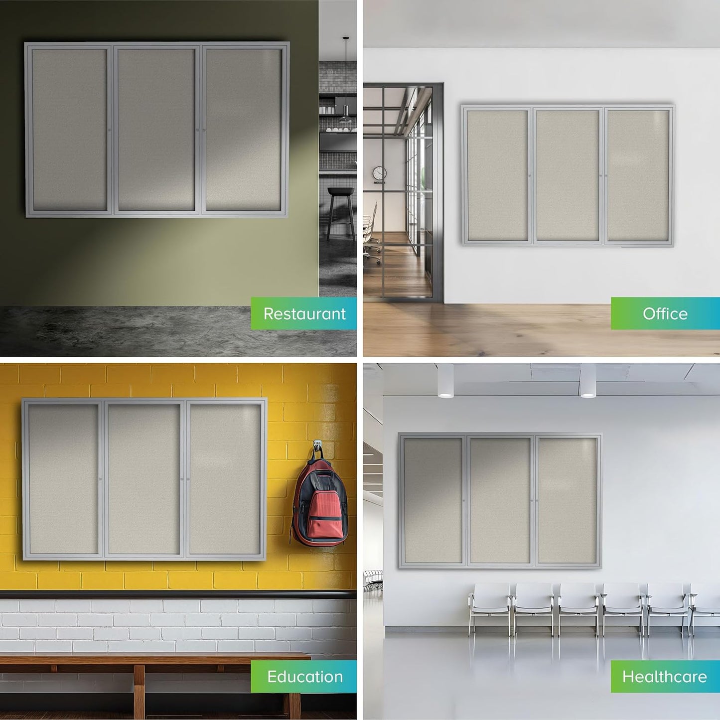 Ghent 36"x72" 3-Door Outdoor Enclosed Vinyl Bulletin Board, Shatter Resistant, with Lock, Satin Aluminum Frame - Ivory (PA33672VX-185), Made in the USA