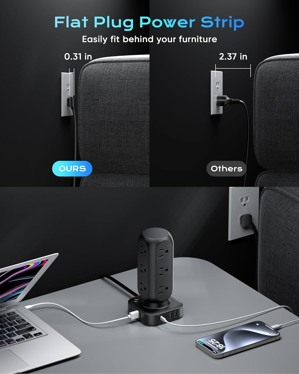 Dual PD 20W Power Strip Tower, TenTrend Surge Protector Power Strip with 12 AC Outlets & 8 USB Ports (4 USB C), 40W Desk Fast Charging Station, 10FT Flat Plug Extension Cord for Desk Office Dorm Room