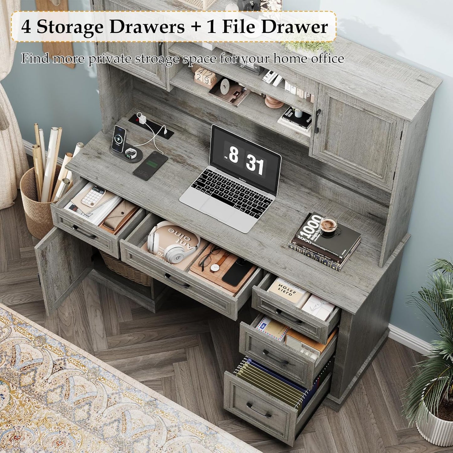 67" H Farmhouse Executive Desk with Hutch. Wood Workstation with 5 Drawers, Storage Cabinet, File Drawers and Charging Station, Ideal as Office Desk, Computer Desk for Home Office and Study.Gray