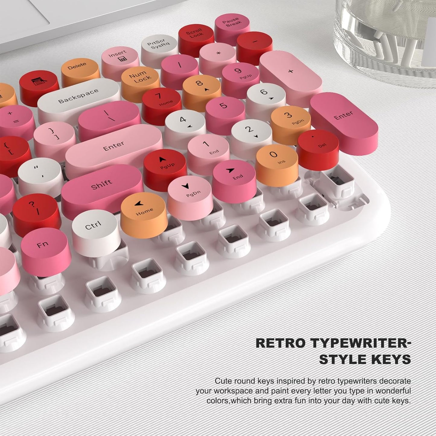 Wireless Keyboard and Mouse Combo, MOWUX - Modern Compact Layout, Colorful Compact Candy Mouse and Retro Round Keyboard Set with Cover, for PC/Laptop/Windows/Mac - White Pink Colorful