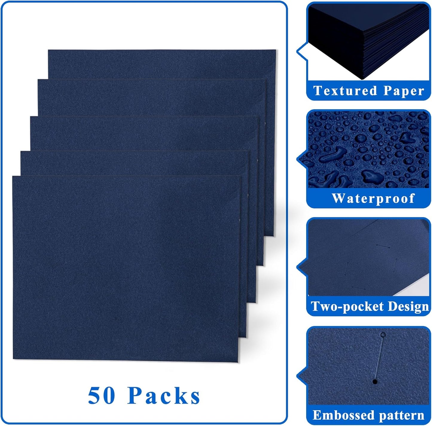 Zzrywuty 50 Packs Two Pocket File Folders with Business Card Slot,Textured Paper,Letter Size,Holds 100 Plus Sheets for School,Office,Business,Royal Blue