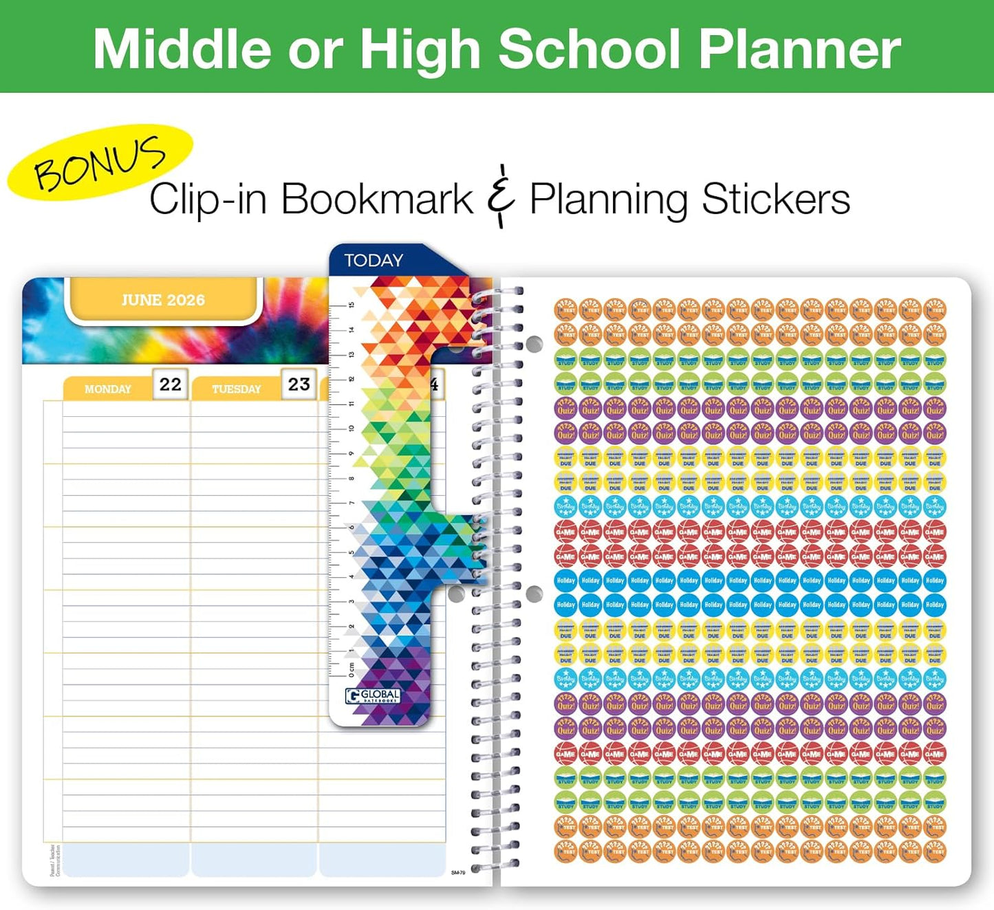 Global Datebooks Dated Middle School or High School Student Planner for Academic Year 2025-2026 Includes Ruler/Bookmark and Planning Stickers (Matrix Style - 7"x9" - Spectrum)