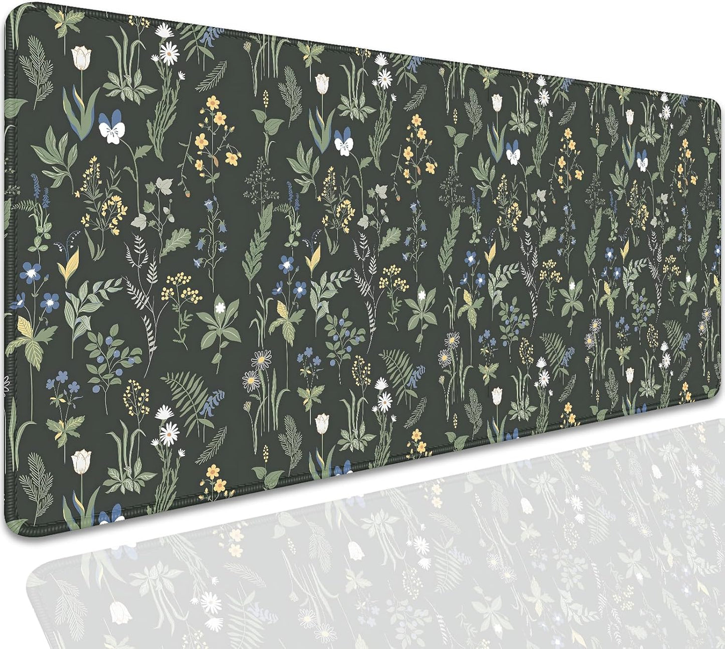 Green Plants Flowers Desk Pad Mouse Pad,Large Floral Mouse Mat with Stitched Edges,Non-Slip Rubber Base Elegant Mousepad for Office PC Keyboard Laptop and Home Work Desk Mat(27.5X11.8 in)