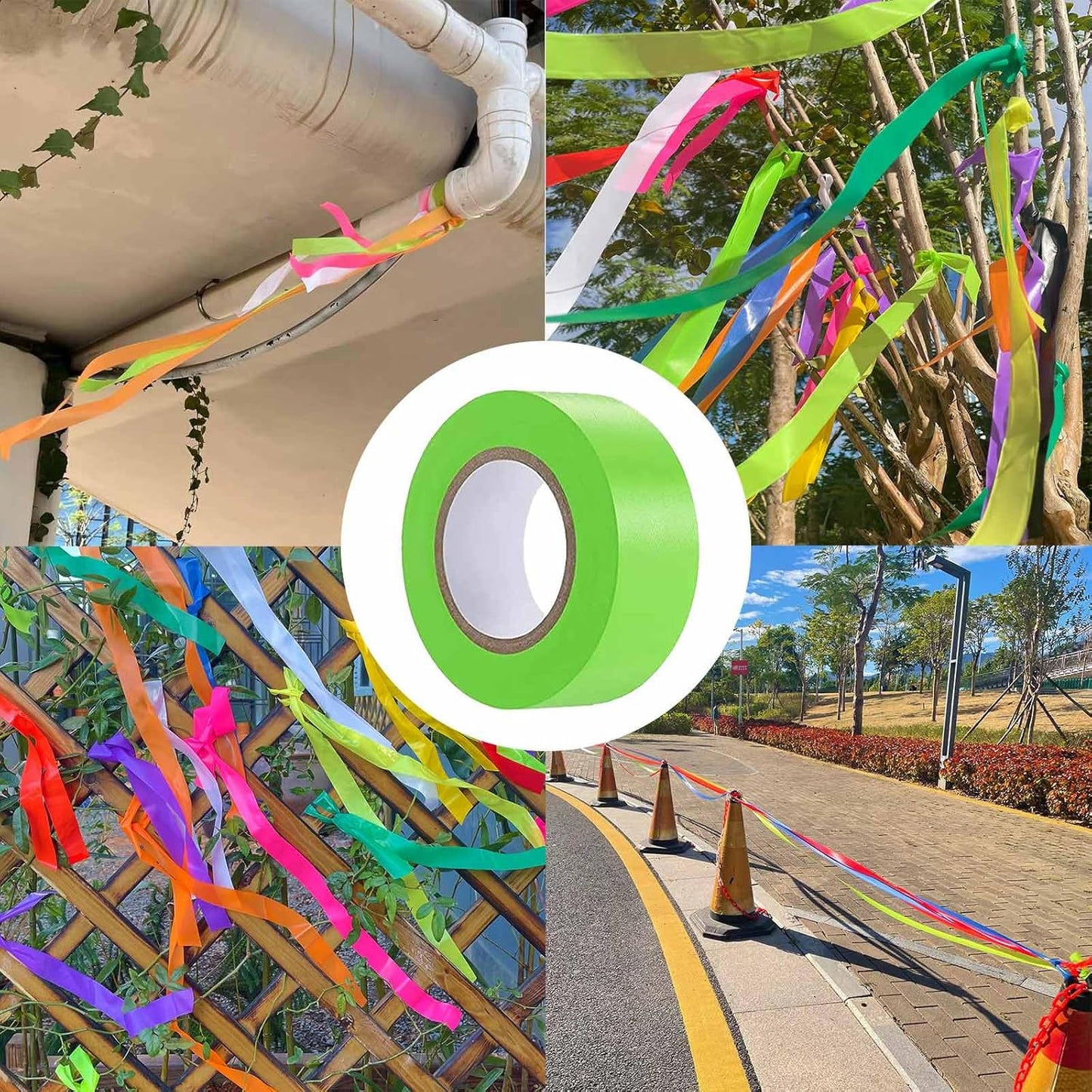 6 Pack Green Flagging Tape, Non-Adhesive Plastic Ribbon Neon Marking Roll,1inch*600ft, Marking Tape for Tree Marking, Hunting, Boundaries Hazardous Areas,Trail Marking, Workplace Use