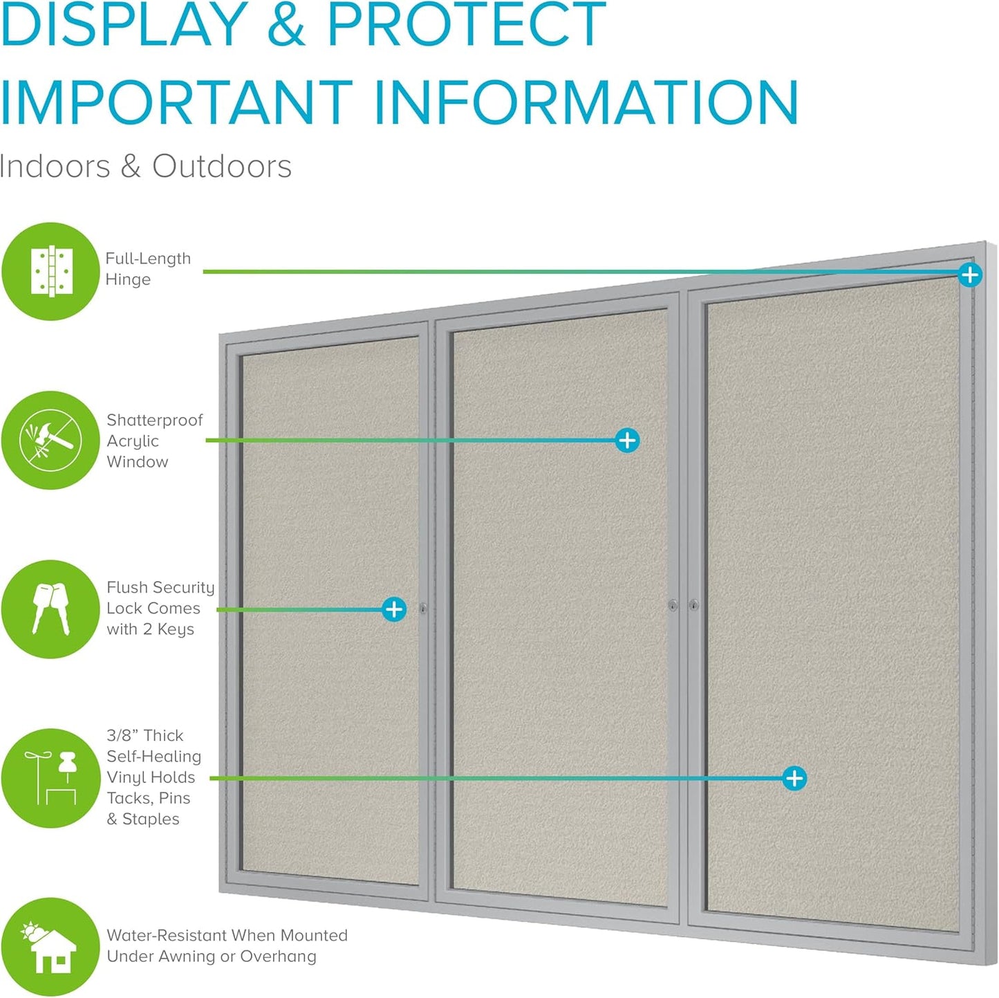 Ghent 36"x72" 3-Door Outdoor Enclosed Vinyl Bulletin Board, Shatter Resistant, with Lock, Satin Aluminum Frame - Ivory (PA33672VX-185), Made in the USA