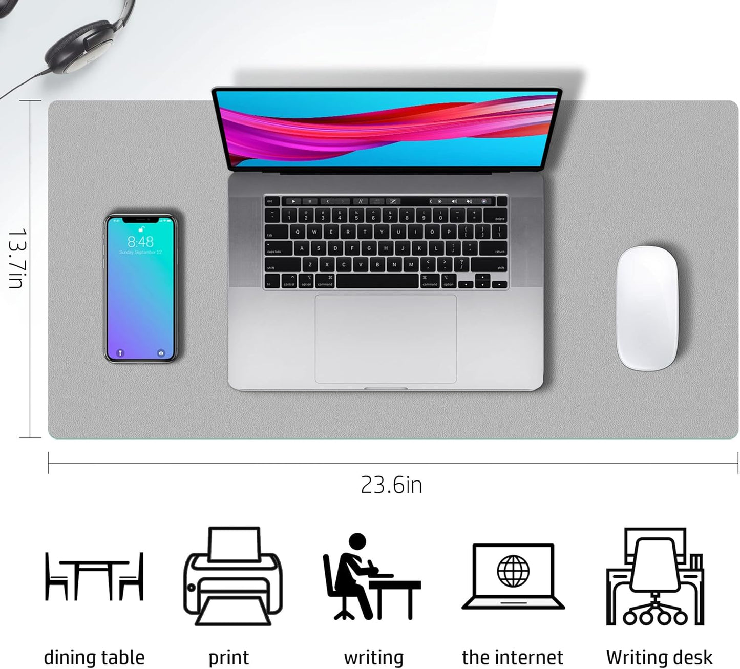 Aothia Double-Sided PU Leather Desk Pad - Non-Slip Large Mouse Pad & Desk Mat for Office, Home - Waterproof, Easy to Clean, Durable Dual-Sided Surface (23.6"x13.7", Grey)