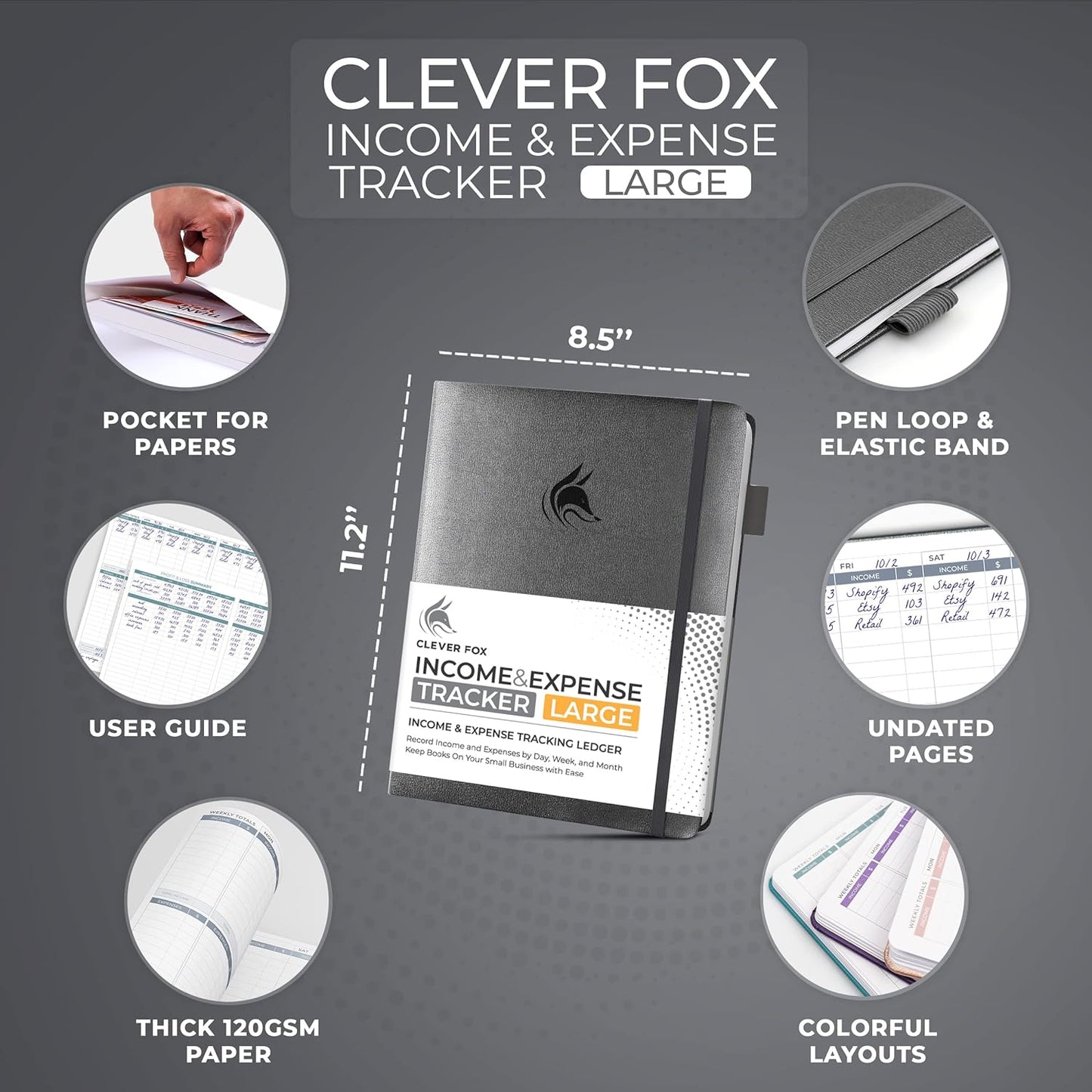 Clever Fox Income & Expense Tracker Large – Accounting & Bookkeeping Ledger Book for Small Business – 2-Year Record Notebook, A4 (Silver Black)