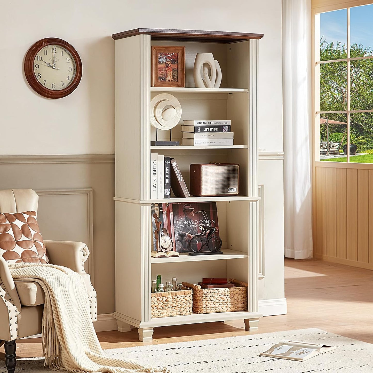 70" Tall White Bookshelf,5 Tier Wood Book Shelf with Adjustable Shelves & Wood Legs,Free Standing Farmhouse Bookcase with Open Display Storage,Vintage Kids Bookshelves for Nursery,3PCS