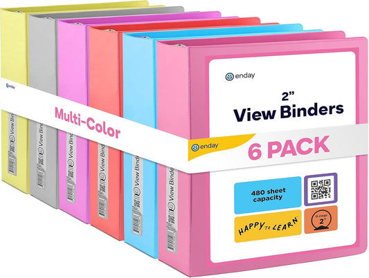 3 Slant D-Ring Binder 2 Inch Binder, 2 in Clear View Cover w/ 2 Inside Pocket, Heavy Duty Colored School Supplies Binders in Grey, Blue, Pink, Red, Green, Purple, Multicolor (6 PC) – by Enday