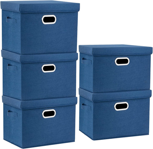 TYEERS Large Storage Bins with Lids, Collapsible, Washable, Fabric Storage Boxes for Organizing, 17.3x11.8x11.4 inches, 5 Pack, Classic Blue