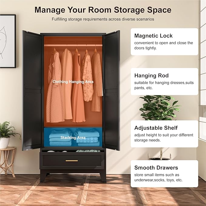 Farmhouse Wardrobe Cabinet with One Drawers,Metal Wardrobe Closet with Hanging Rod,Metal Armoire with Adjustable Shelves for Bedroom,Living Room, Cloak Room,Office (Blue)