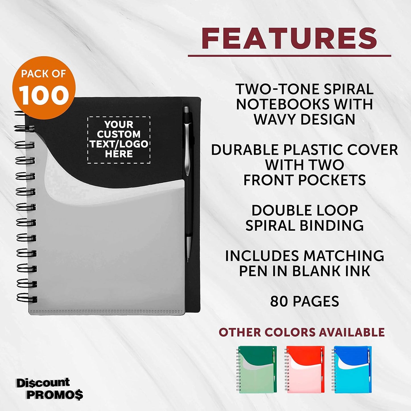 DISCOUNT PROMOS Custom Spiral Notebooks with Front Pocket Set of 100, Personalized Bulk Pack - Durable Plastic Cover, Includes Matching Pen in Blank Ink, Perfect for School, Office, Home - Black