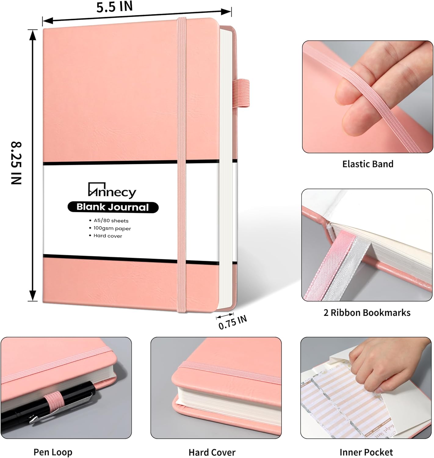 Annecy Blank Journal Notebook, Medium 5.5x 8.25, 160 Pages 100GSM Writing Paper, A5 Peach Pink Faux Leather Cover with Pen Loop