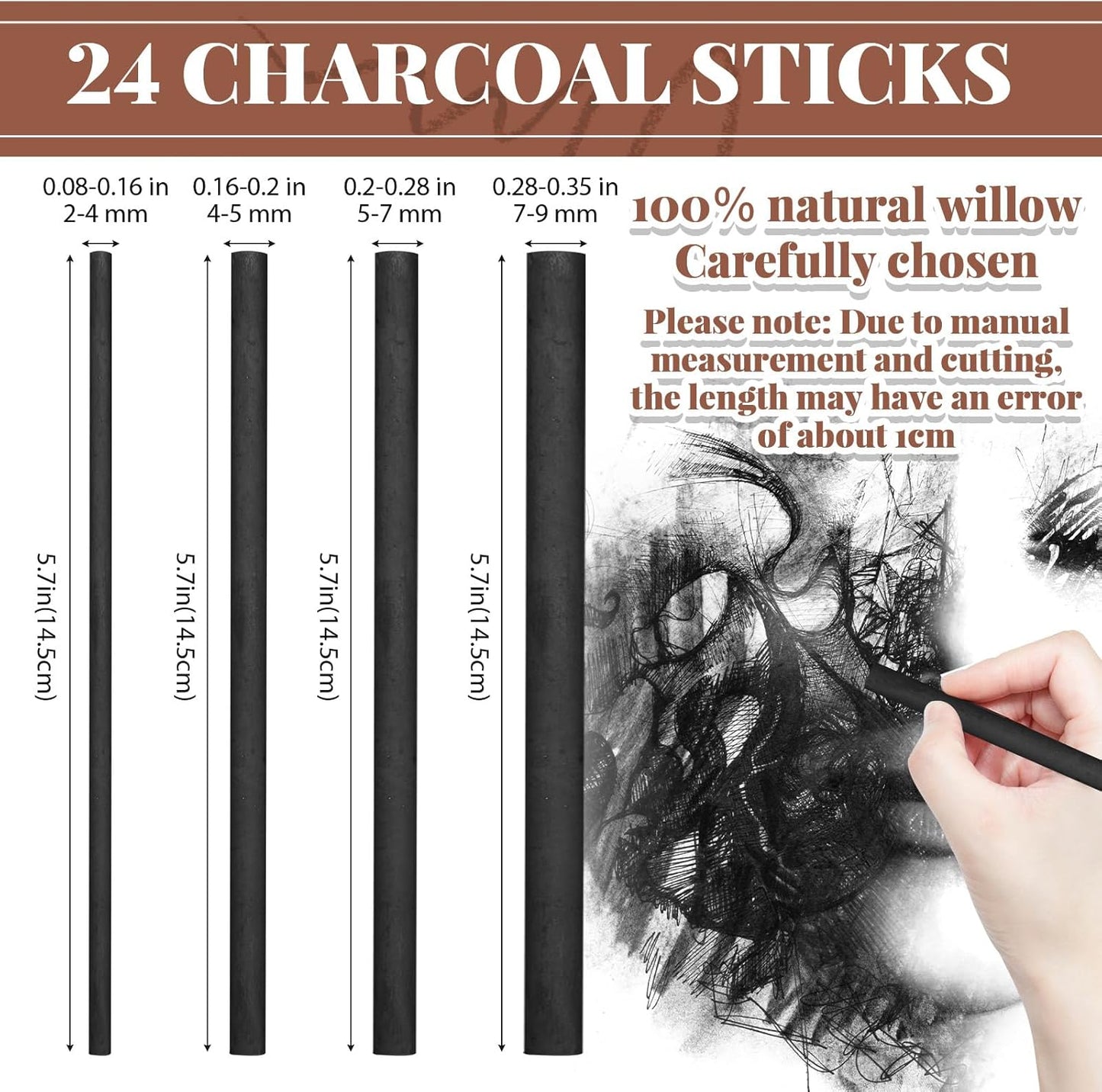 Gueevin 24 Pcs Willow Charcoal Sticks, Willow Charcoal, Artists, Beginners, Students, Perfect for Sketching, Drawing, Shading, and Fine Art (2-4mm，4-5mm，5-7mm，7-9mm)