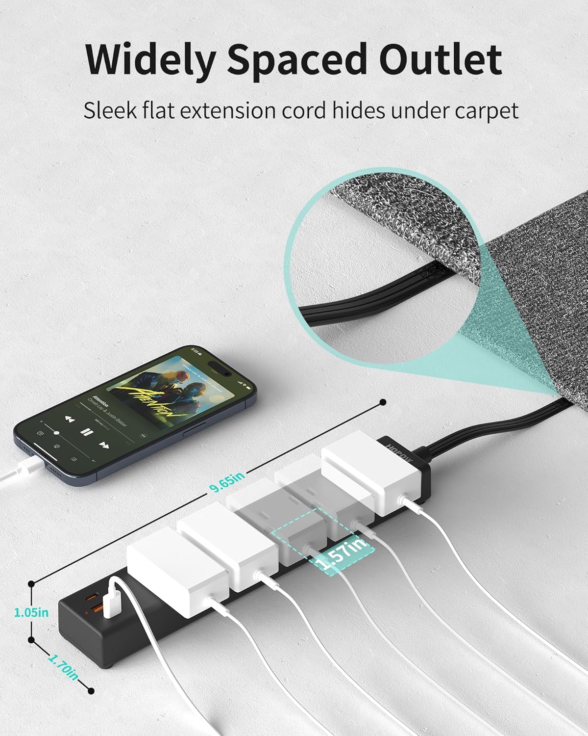 Flat Plug Power Strip, 15FT Ultra Thin Flat Extension Cord, Surge Protector with 5 Outlets & 3 USB Ports (2 USB C), 1700 Joules, 3-Prong, Wall Mount for Home Office Dorm, Black