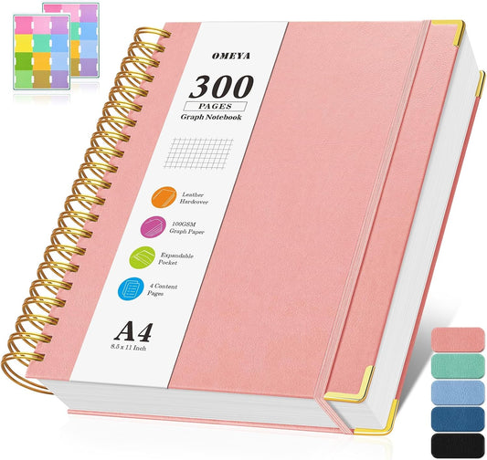 Graph Paper Notebook, Spiral Grid Notebook 8.5" X 11", Hardcover Leather Journal 300 Pages, 100GSM Thick Grid Paper Notebook, Large A5 Graphing Notebook Journal for Women Men Writing Engineering Work