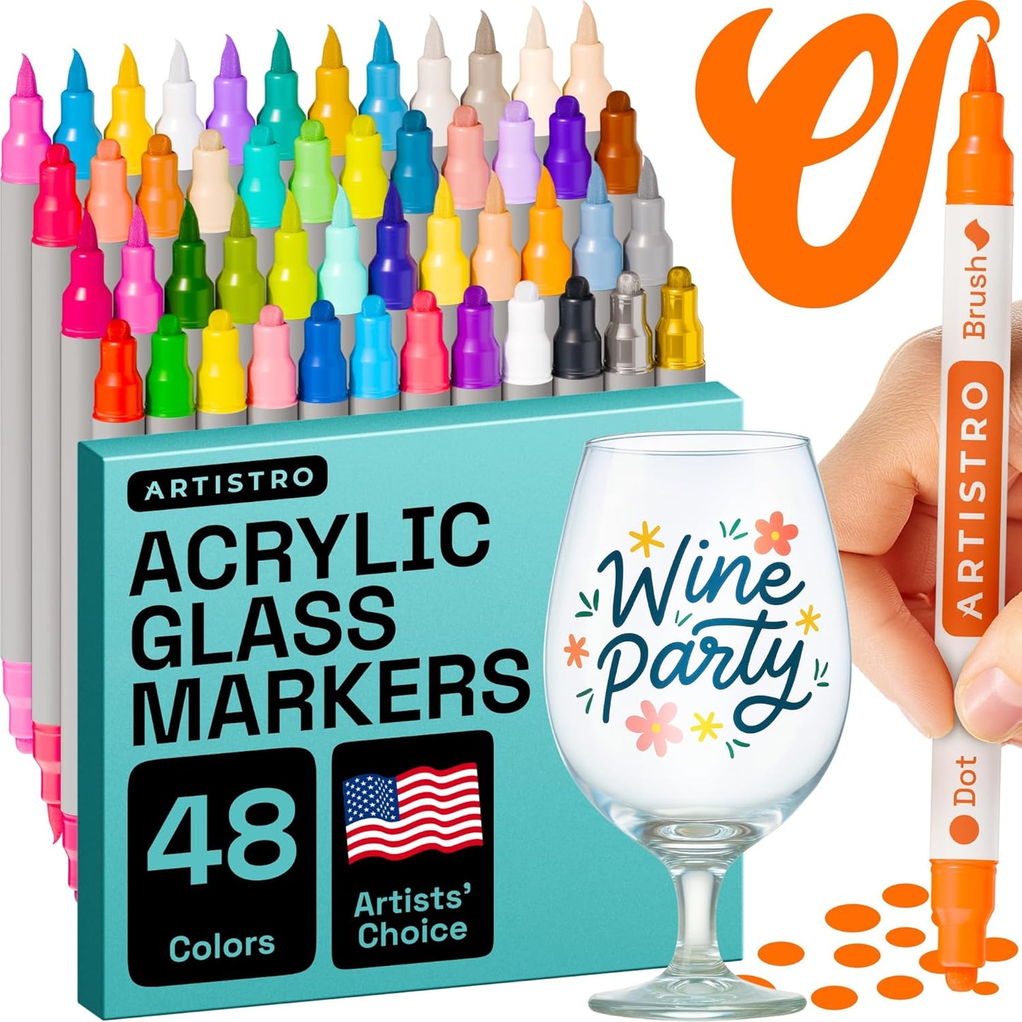 ARTISTRO 48 Wine Glass Acrylic Paint Markers - Washable Non-Toxic Dual Tip Acrylic Paint Pens for Car Window, Mirror, Ceramic