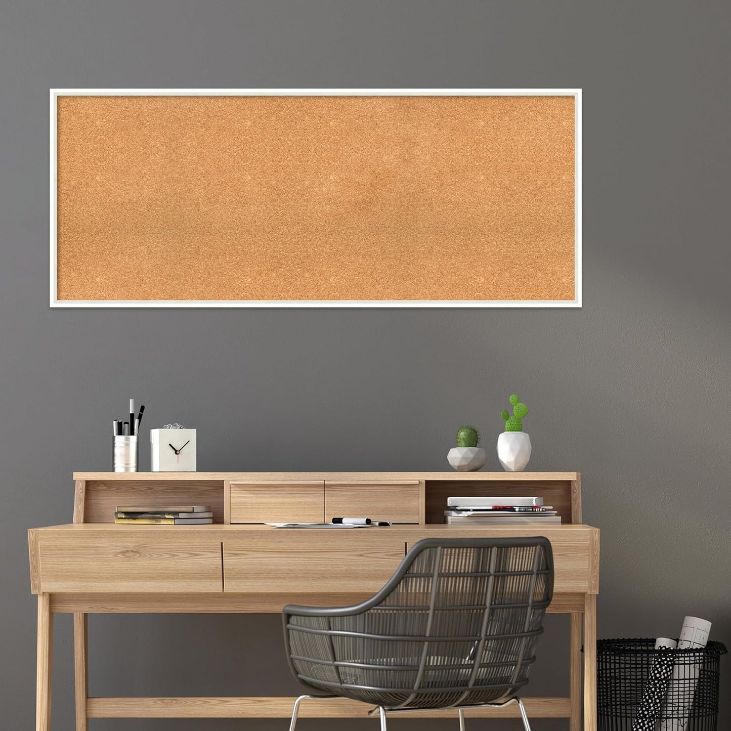 Amanti Art Natural Cork Board for Wall, 25x61 Vision Board with White Frame, Oversize Corkboard Office Decor for Home Organization, Modern Corkboard Pinboard to Display Items for Home Organization in