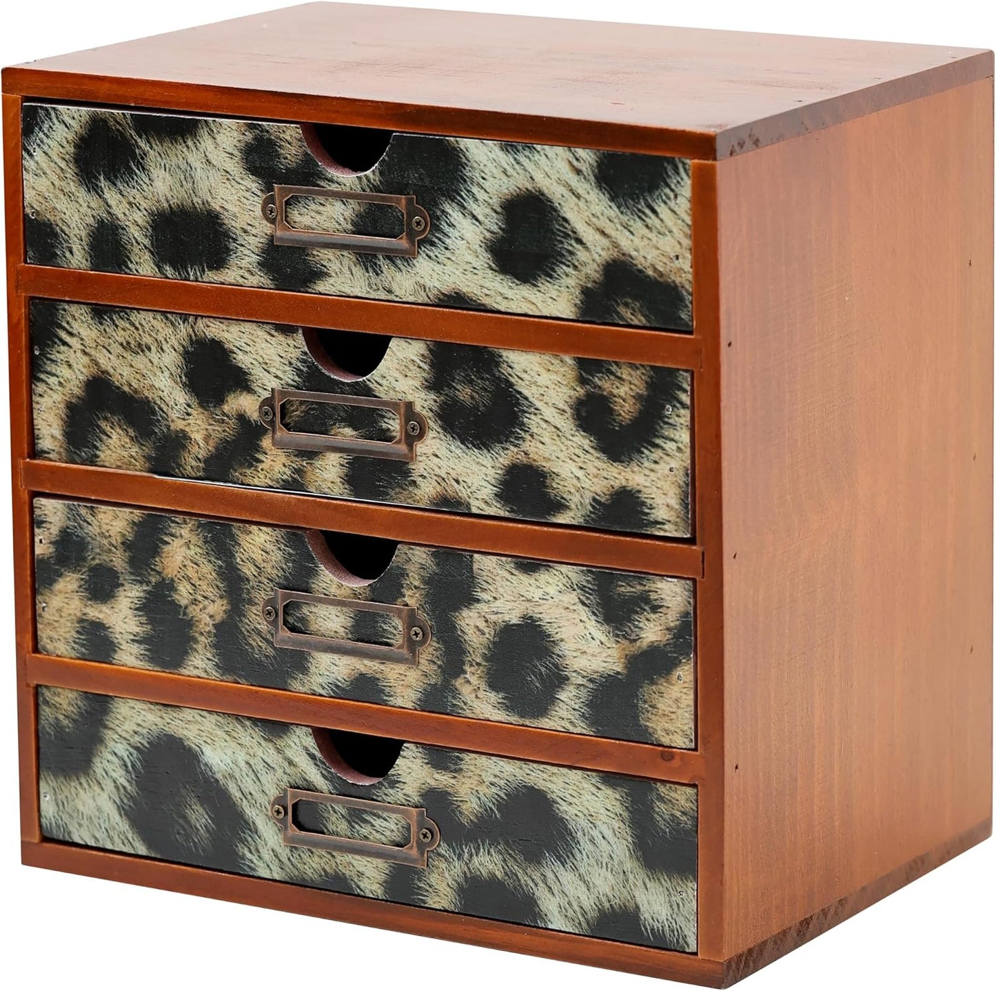 Classic Leopard Print Wooden Desk Organizer - 4-Drawer Desktop Storage - Rustic Wood Cabinet for Office Supplies, Craft Tools, & Home Organization - Luxurious Drawer Unit