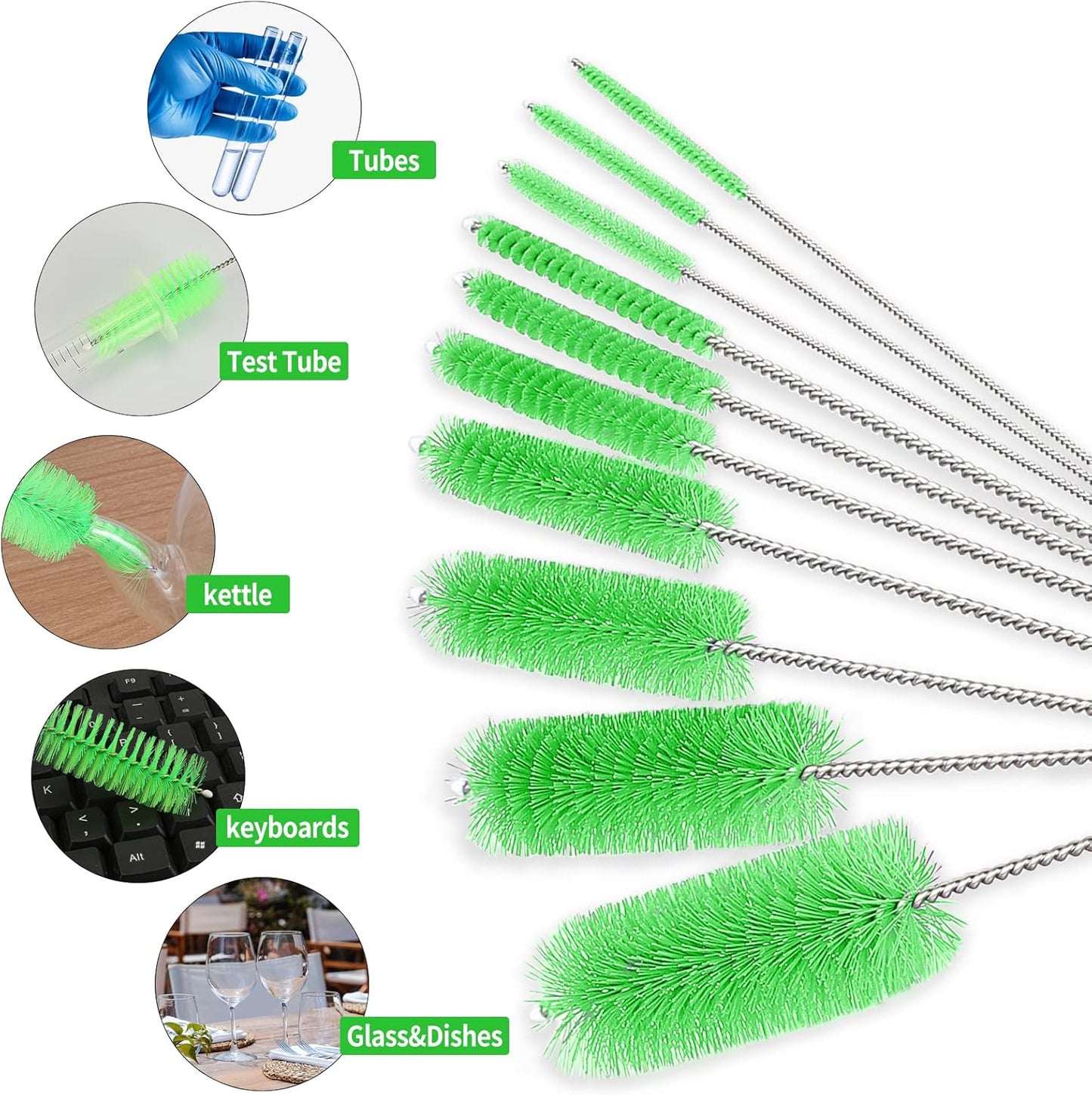CiaraQ Bottle Cleaning Brushes, 8 Inch Nylon Tube Brush Set, Cleaner for Narrow Neck Bottles Cups with Hook, Set of 10pcs. Green