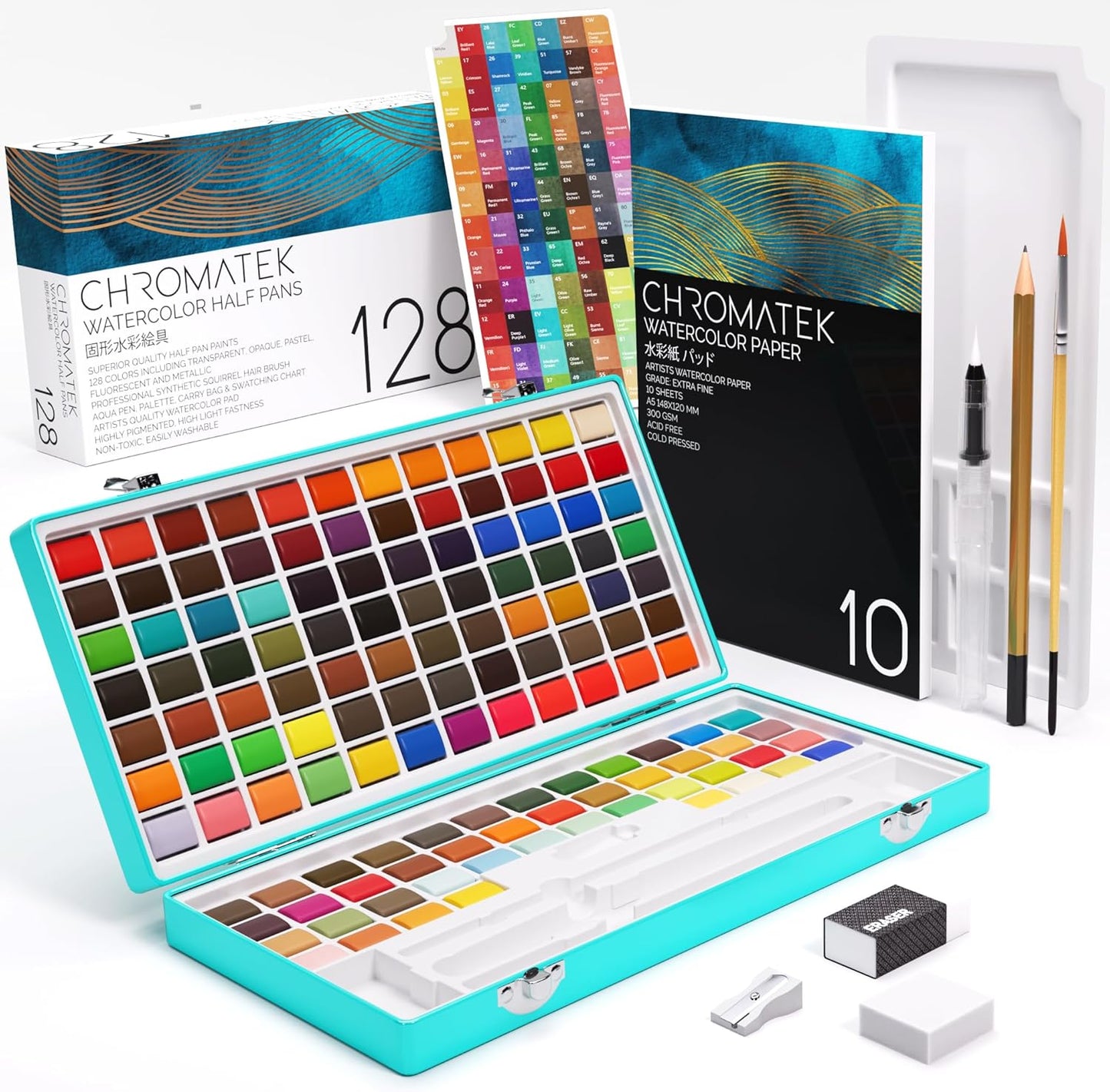 CHROMATEK Watercolor Paint Set – 128 Vibrant Colors for Artists & Beginners with Palette – Includes Metallic, Fluorescent, Pastel & Opaque Shades, Brushes, Pad, Swatch Sheets & Travel Case