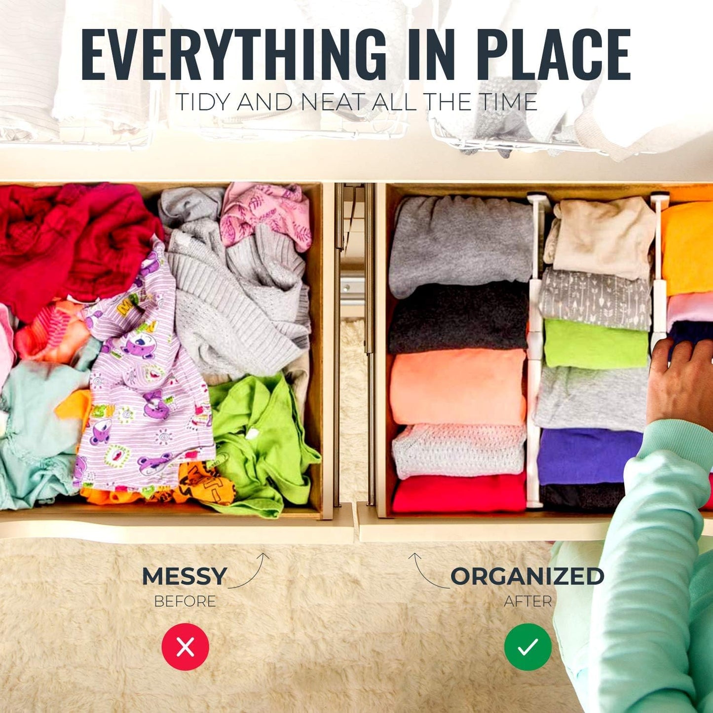 RAPTUROUS Adjustable Drawer Dividers 6 Pack, 4” High, 11-17” Long, Dresser Drawer Organizer for Bedroom, Closet, Kitchen, Nursery, Office, Strong Hold, Soft Foam Edges, White