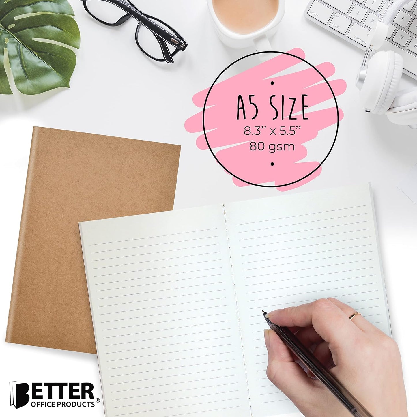 Better Office Products Kraft Notebooks with Lined Paper, 24 Pack, 8.3 in x 5.5 in, A5 Size, 60 Lined Ivory Pages, 80 gsm, Soft Cover Composition Notebooks, Stitched Spines, Kraft Travel Journals