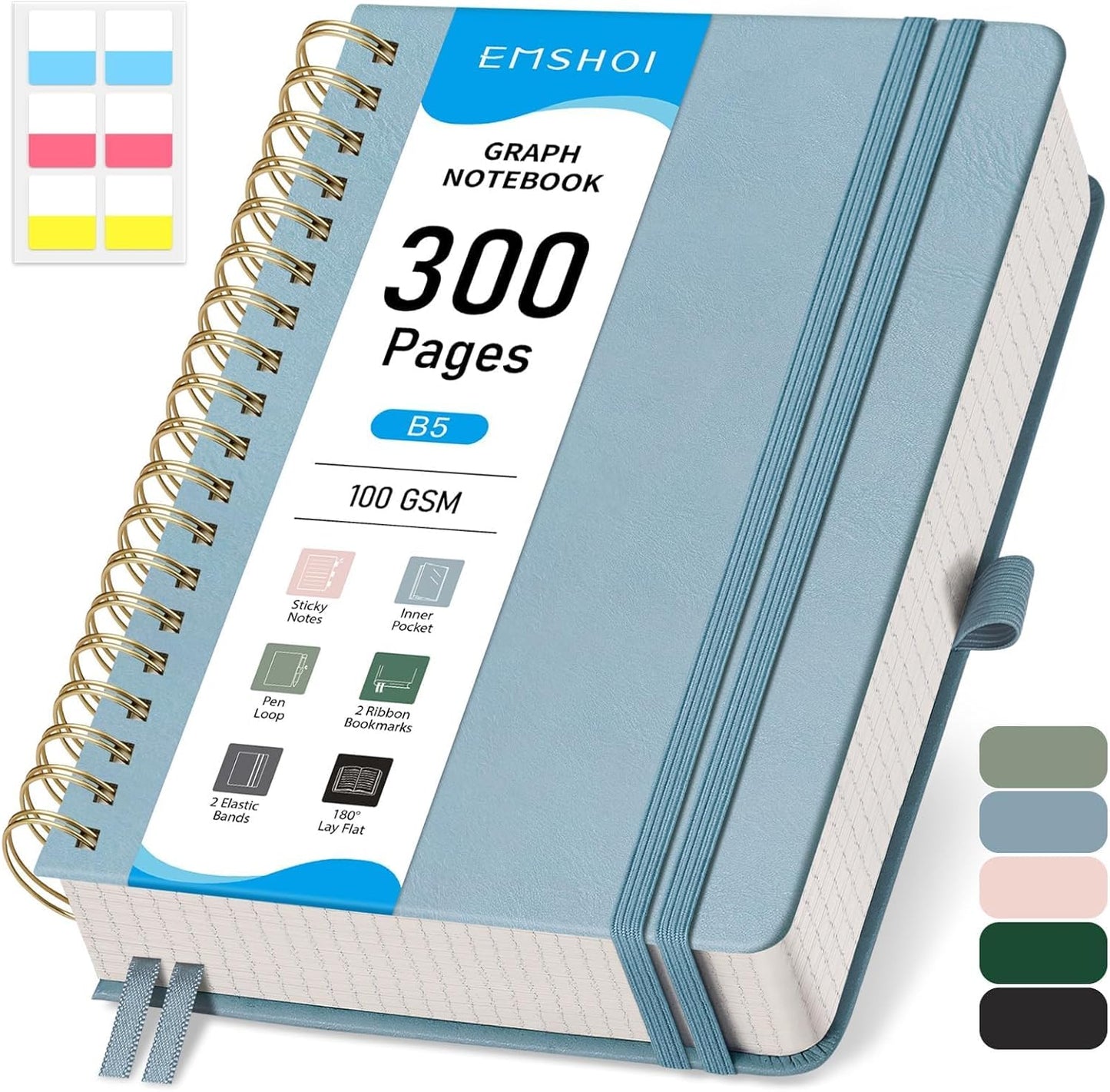 EMSHOI Spiral Graph Paper Notebook - 300 Pages, 100 GSM Thick Grid Notebook, B5 Large Hardcover Leather Journal for Women Men Work School Writing Engineering Graphing, 7.48" x 10.15", Gray Blue