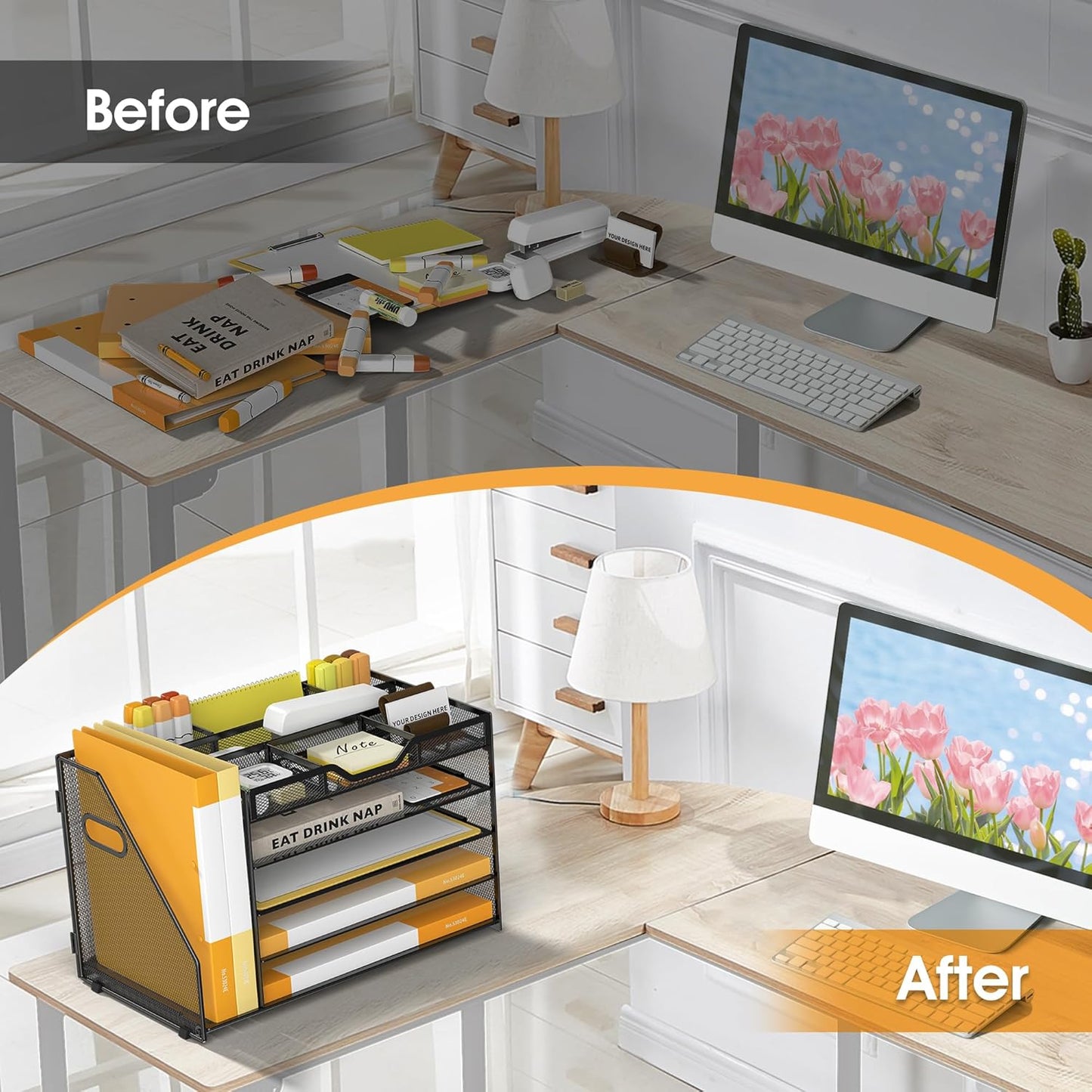 5 Tier Paper Letter Tray with File Holder and 3 Drop-in Pen Holders, Mesh Desk File Organizer with Handle, Desk Organizers and Accessories for School,Home, Office Supplies Storage-Black