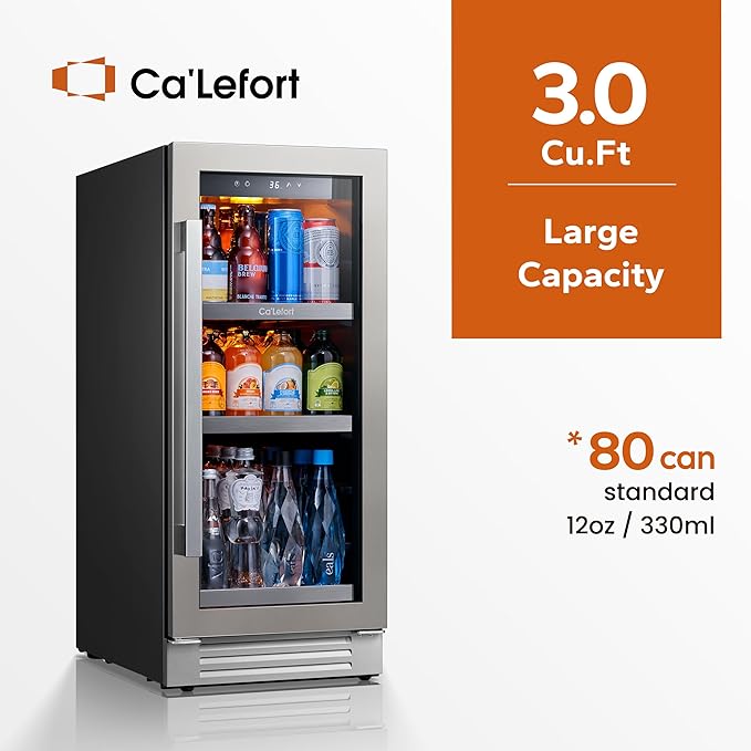 Ca'Lefort 15 Inch Beverage Refrigerator - 80 Can Small Beverage Fridge, Drink Fridge Glass Door 3 LED 34°F -54°F Beverage Cooler Built-in or Freestanding, Perfect for Home/Kitchen(3.0 cu.ft)