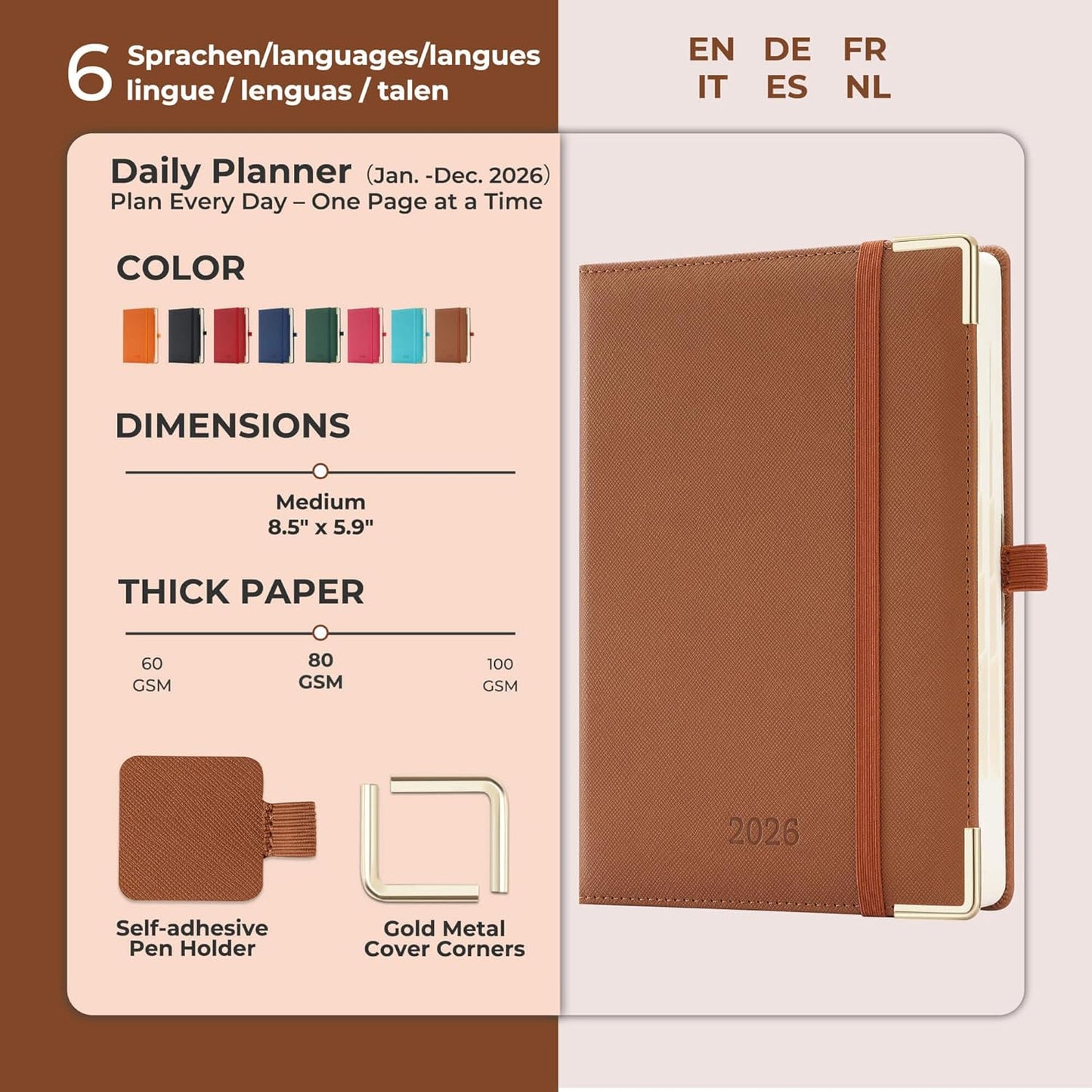 Daily Planner 2026 with One Page Per Day,(A5-8.5" x 5.9"),12 Months Calendar Hourly Appointment Book Monthly Tabs & Self-adhesive Pen Holder,Inner Pocket, Vegan Leather Hardback,Brown