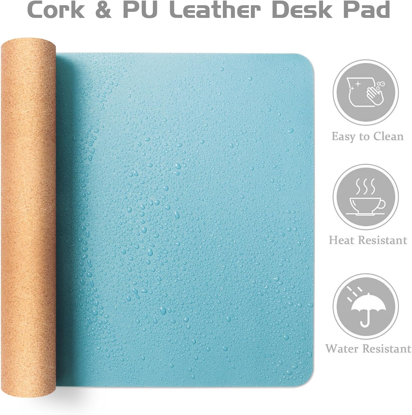 Aothia Double-Sided Desk Pad – 25.6"x13.7" Large Mouse Pad, Leather Desk Mat with Eco Cork Protector, Waterproof Desk Blotter for Office/Home (Blue Topaz)