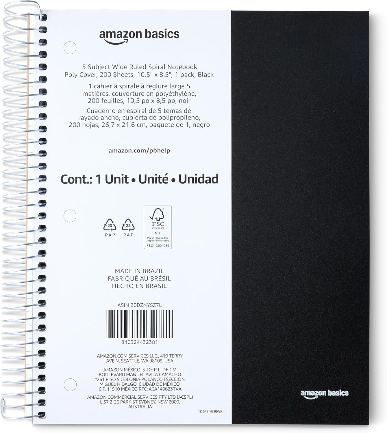 Amazon Basics 5 Subject Wide Ruled Spiral Notebook, Poly Cover, 200 Sheets, 8.5" x 10-1/2", Black, 1 pack